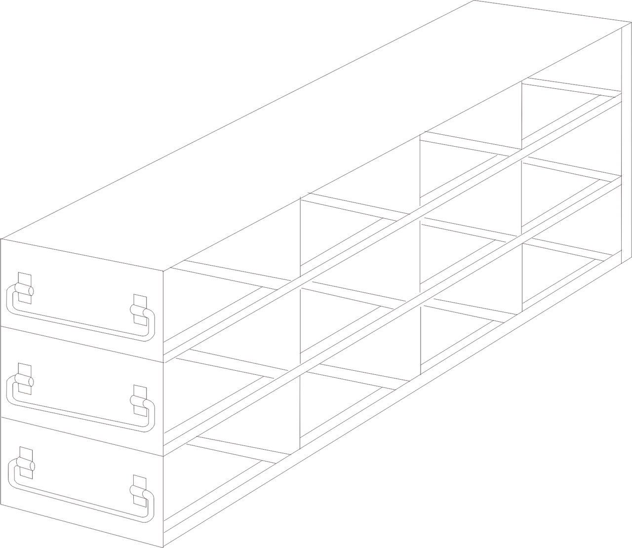 Stainless steel upright freezer drawer rack with 3 pull-out drawers for 50-cell hinged top plastic boxes, 4 deep x 3 high