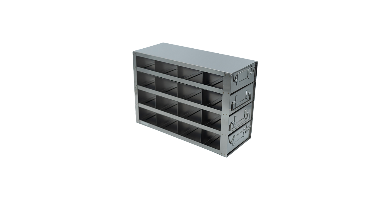 Stainless steel upright freezer drawer rack with 4 pull-out drawers for 50-cell hinged top plastic boxes, 4 deep x 4 high