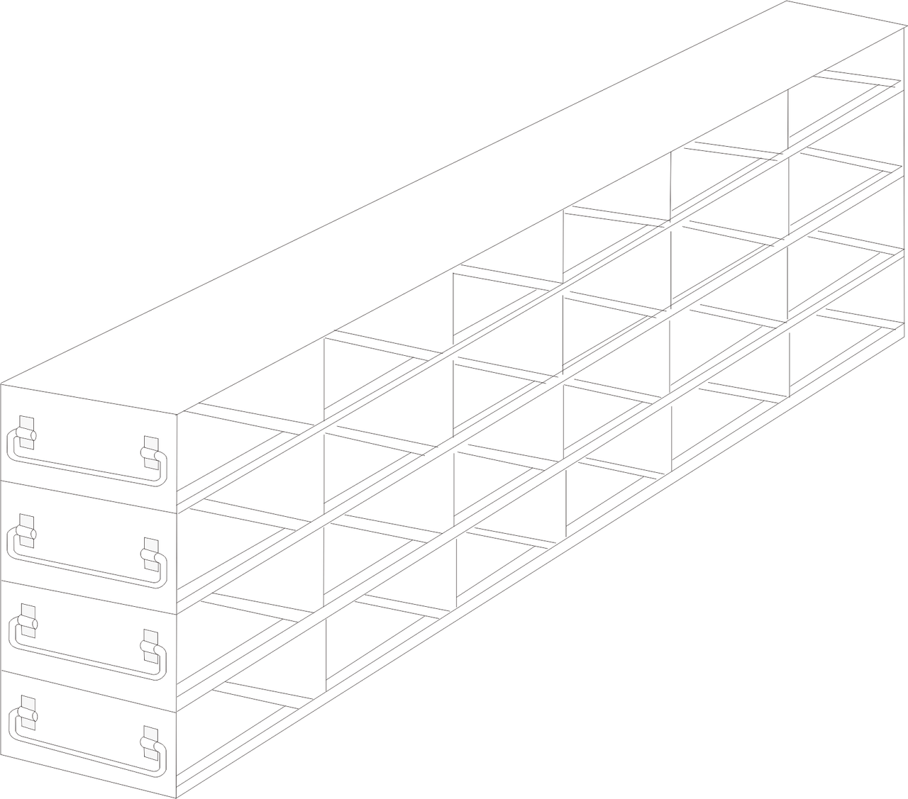 Stainless steel upright freezer drawer rack with 4 pull-out drawers for 50-cell hinged top plastic boxes, 6 deep x 4 high
