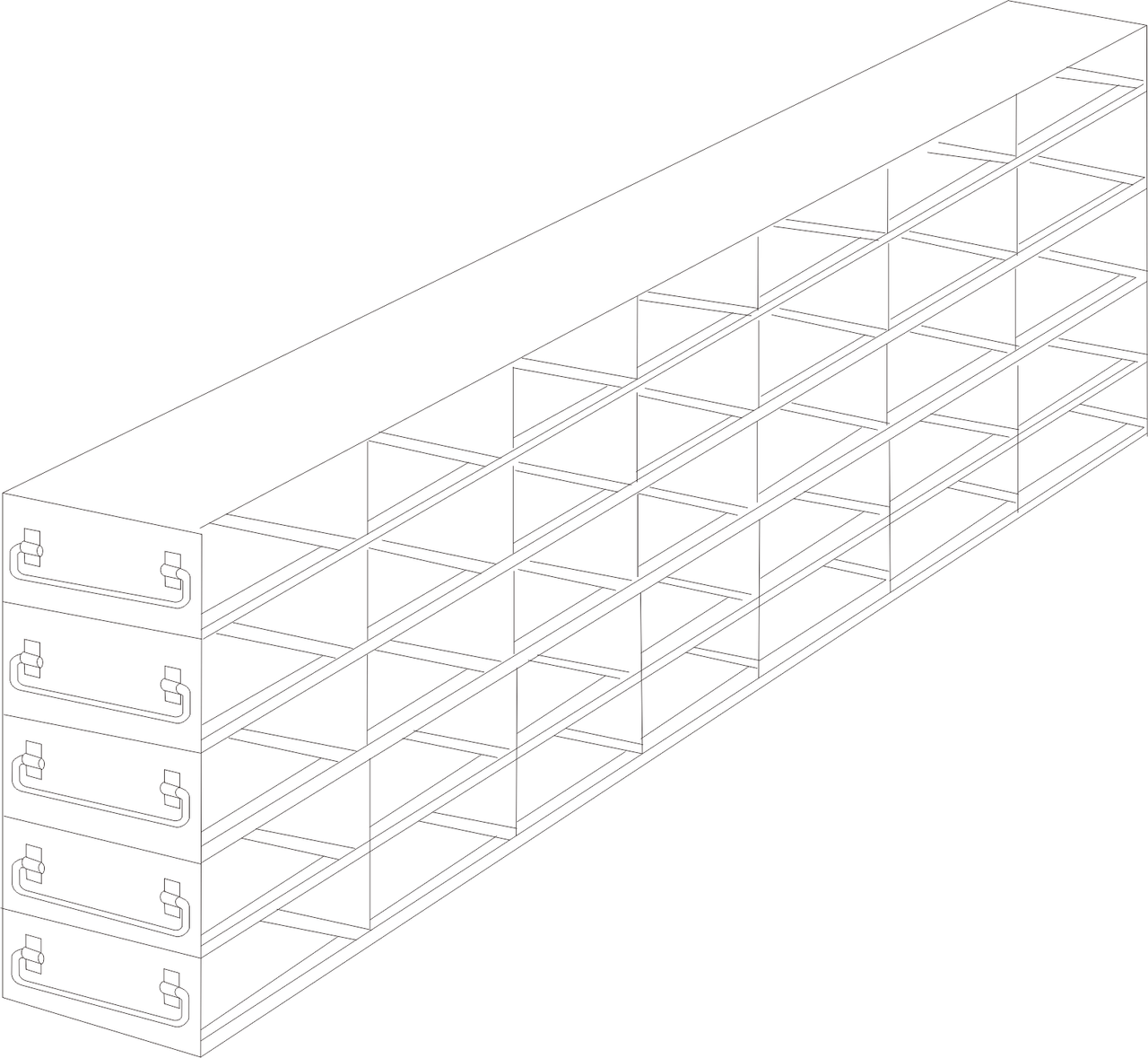 Stainless steel upright freezer drawer rack with 5 pull-out drawers for 50-cell hinged top plastic boxes, 7 deep x 5 high