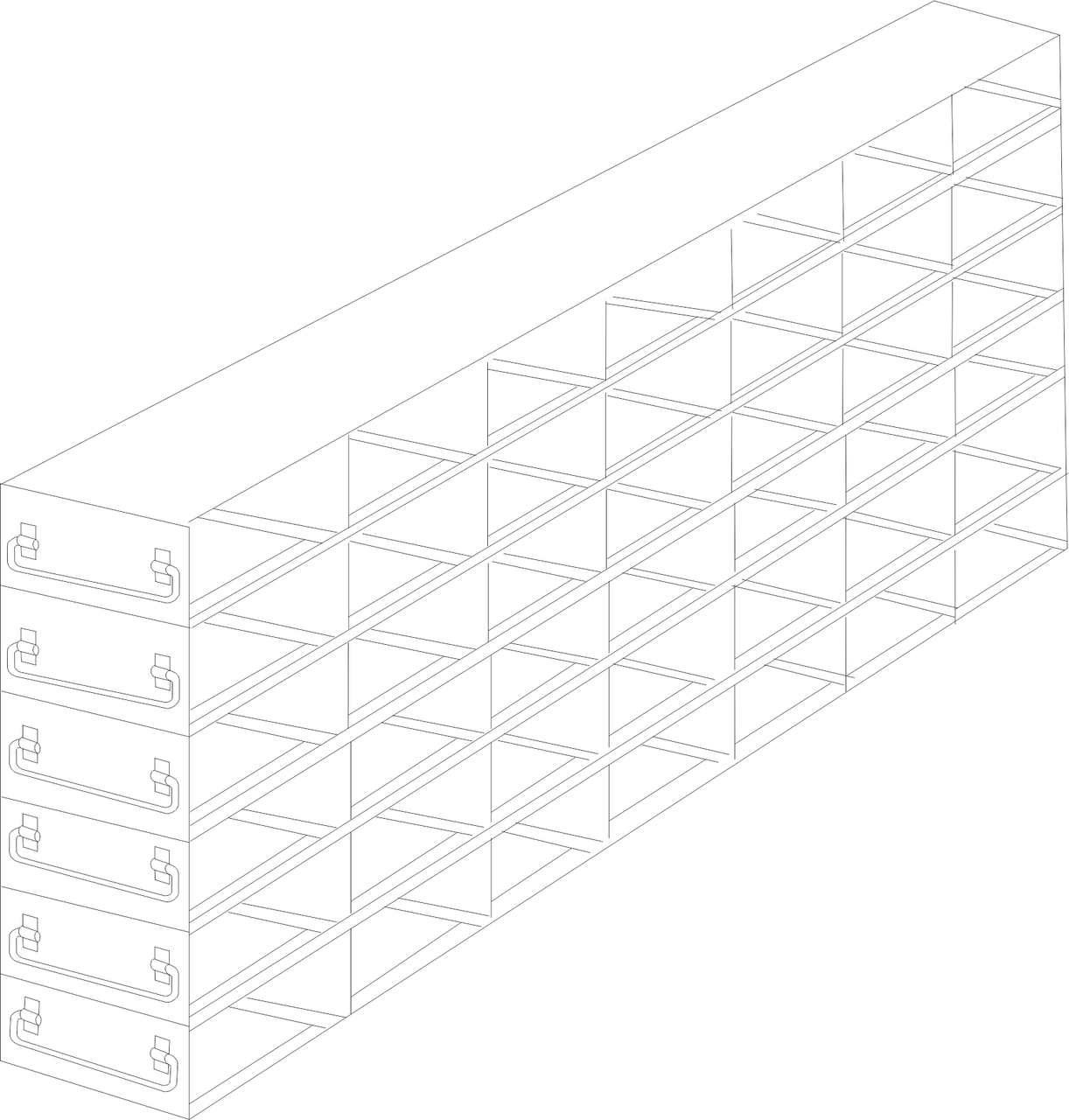 Stainless steel upright freezer drawer rack with 6 pull-out drawers for 50-cell hinged top plastic boxes, 7 deep x 6 high