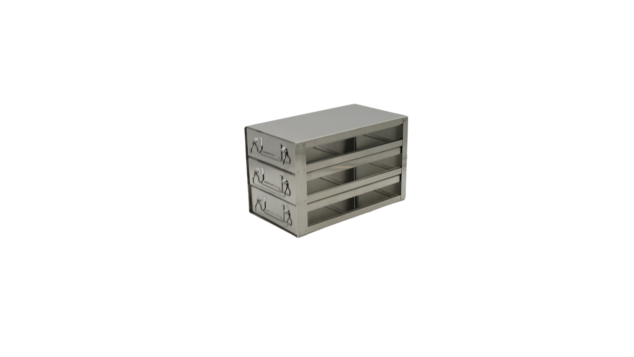 Stainless steel upright freezer drawer rack with 3 pull-out drawers for 100-cell hinged plastic boxes, 2 deep x 3 high