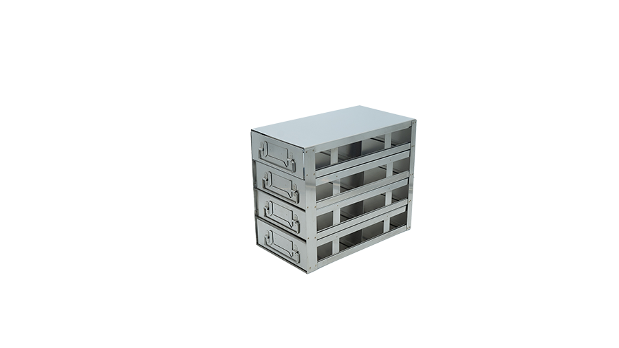 Stainless steel upright freezer drawer rack with 4 pull-out drawers for 100-cell hinged plastic boxes, 2 deep x 4 high