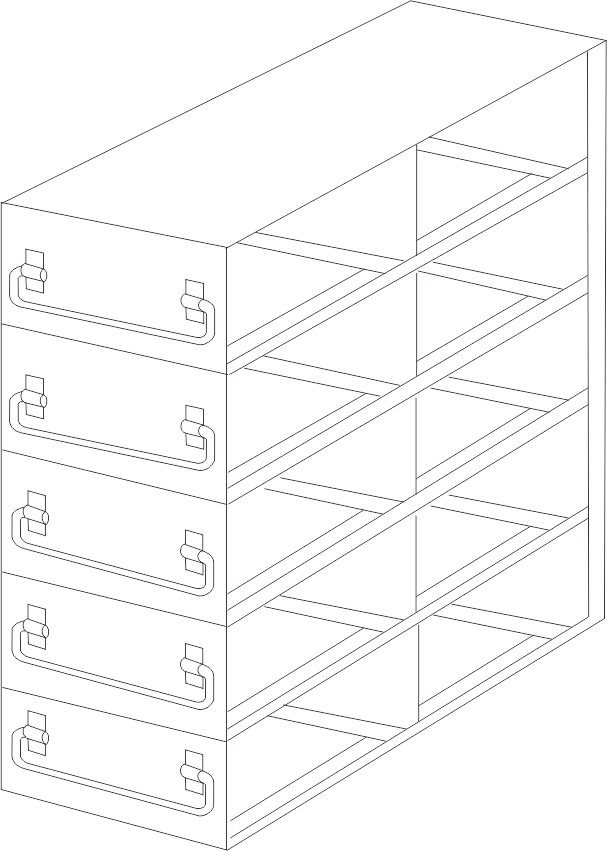 Stainless steel upright freezer drawer rack with 5 pull-out drawers for 100-cell hinged plastic boxes, 2 deep x 5 high