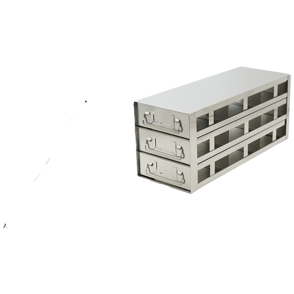 Stainless steel upright freezer drawer rack with 3 pull-out drawers for 100-cell hinged plastic boxes, 3 deep x 3 high