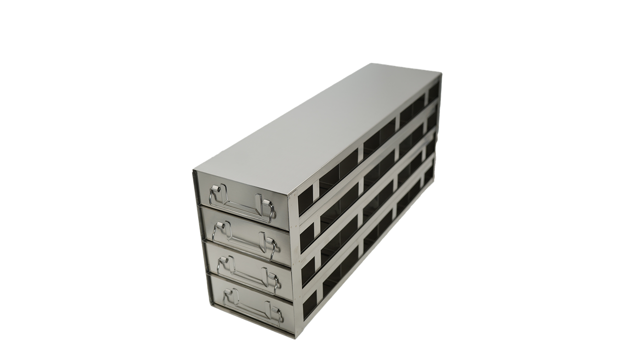 Stainless steel upright freezer drawer rack with 4 pull-out drawers for 100-cell hinged plastic boxes, 4 deep x 4 high