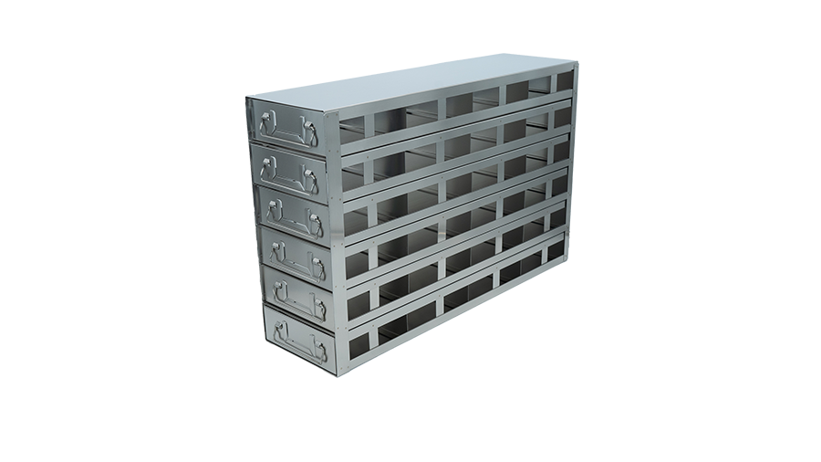 Stainless steel upright freezer drawer rack with 6 pull-out drawers for 100-cell hinged plastic boxes, 4 deep x 6 high