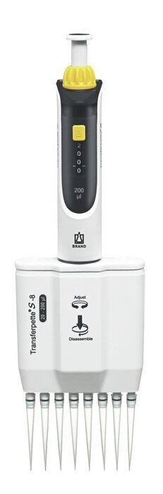BRAND 705910 Transferpette S-8 8-Channel Pipette, Adjustable, 20 - 200 µl, M8-200