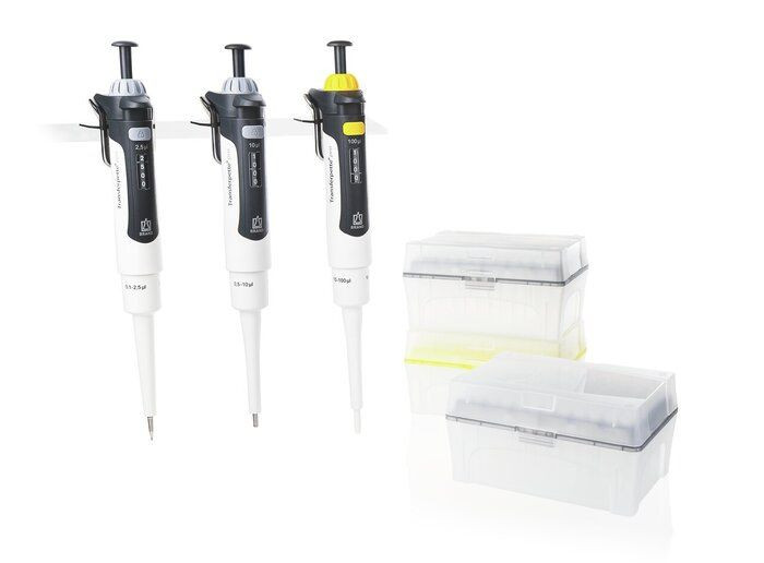 BRAND 706890 Transferpette pro Adjustable Pipette Set, Starter-kit Micro, 3 pipettes: D-2,5 (0,1-2,5µl), D-10