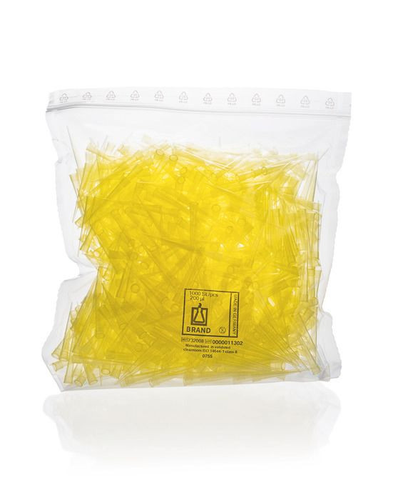 BRAND 732008 Pipette Tips, 2 - 200 µl, PP, yellow, bulk packed, in bag