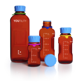 DURAN 218865453 YOUTILITY GL 45 Laboratory Bottle (amber), with screw cap and pouring ring (PP, cyan), 1000 mL, Case