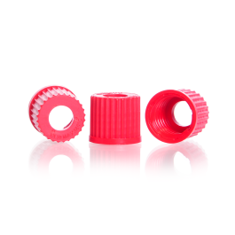 DURAN 292270602 GL 18 Open Topped Screw Cap, with central aperture, PBT, red, Pack of 10