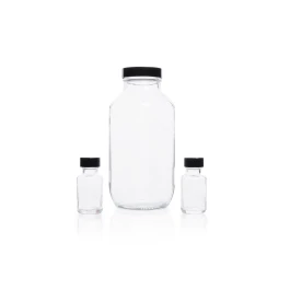Kimble 5610843C-22 Clear Glass French Square Bottles, Bulk Packs, Shrink Modules With Caps in Bags, 250 mL, Solid PE