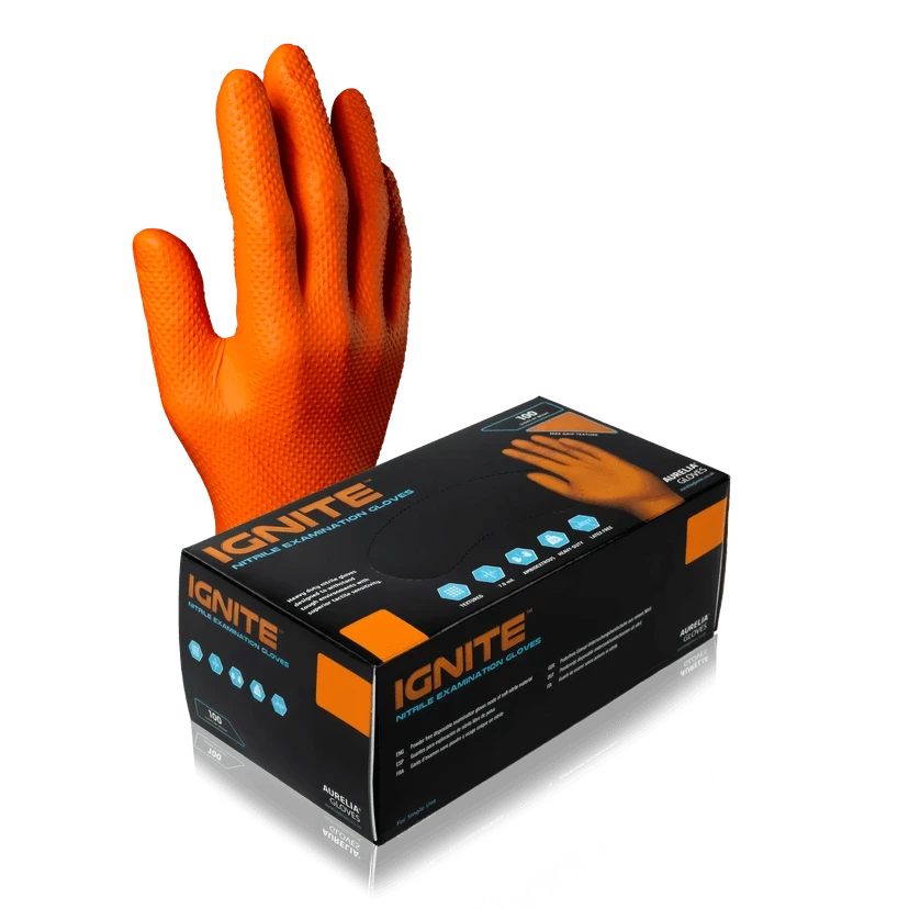 Aurelia Ignite 97889 Heavy-Duty Orange Nitrile Exam Gloves, Size X-Large, Case of 900 (10 Boxes x 90)