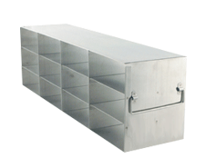 Crystal UF-432 stainless steel upright freezer rack holding twelve 2-inch freezer boxes, 4 deep by 3 high