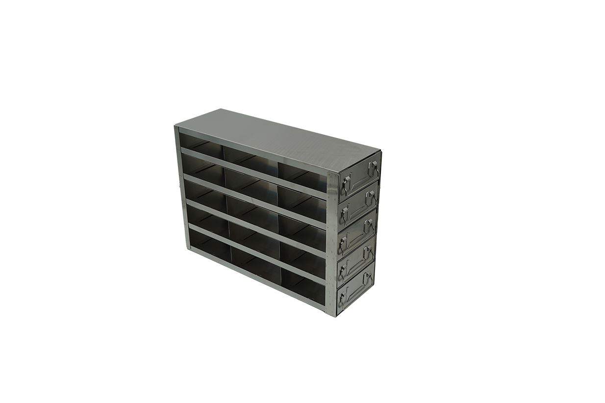 Stainless steel freezer rack with five stacked pull-out drawers, each holding three 2-inch cryo boxes, 15-box capacity