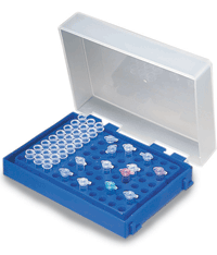 96 Well PCR Tube Rack with Hinged Lid - Blue, 5/pack
