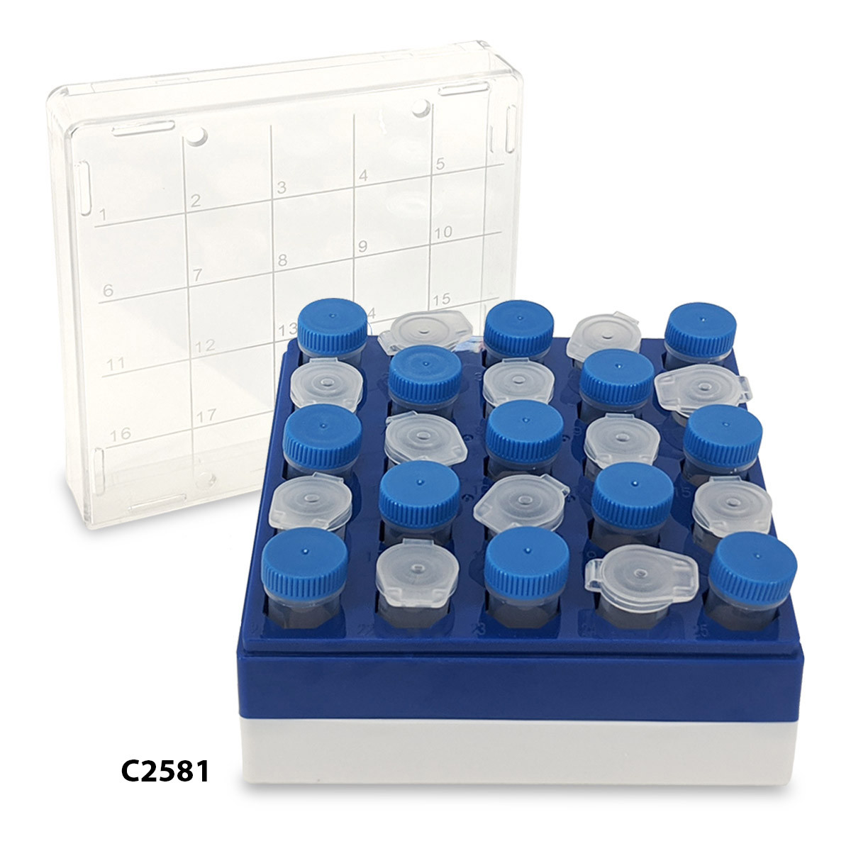 C2581 Polycarbonate Freezer Box for 5 mL Tubes | 25 Place (5 x 5) | 5/Pack | MTC Bio