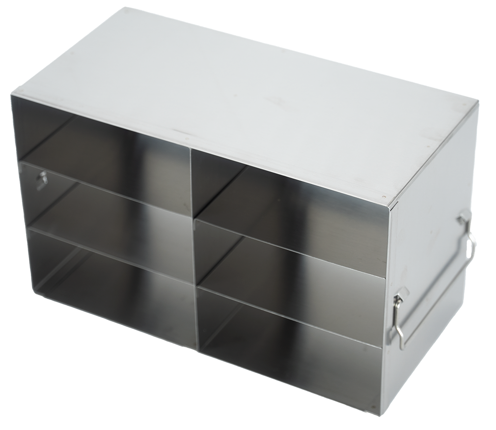 Crystal UF-232 stainless steel upright freezer rack holding six 2-inch freezer boxes, 2 deep by 3 high