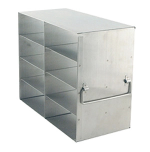 Crystal UF-242 stainless steel upright freezer rack holding eight 2-inch freezer boxes, 2 deep by 4 high