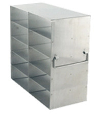Crystal UF-252 stainless steel upright freezer rack holding ten 2-inch freezer boxes, 2 deep by 5 high
