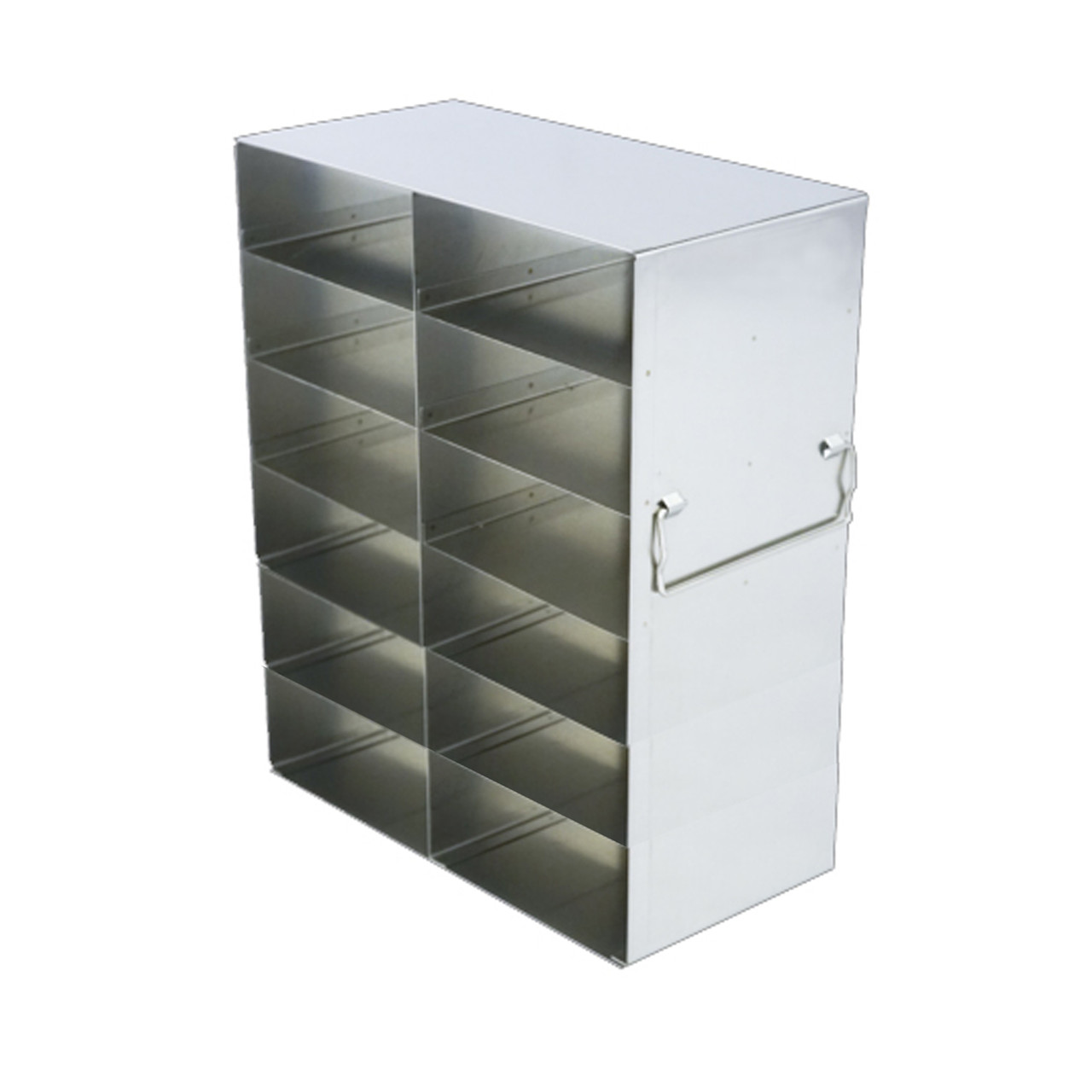 Crystal UF-262 stainless steel upright freezer rack holding twelve 2-inch cardboard freezer boxes, 2 deep by 6 high