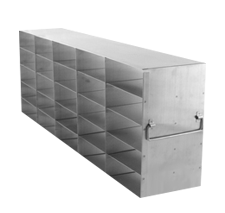 Crystal UF-552 stainless steel upright freezer rack holding twenty-five 2-inch freezer boxes, 5 deep by 5 high