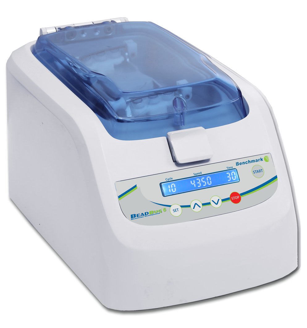 Benchmark BeadBug 6 benchtop bead mill homogenizer with six 2.0 mL tube positions and digital speed and cycle controls