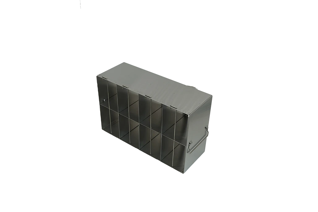 Stainless steel upright freezer rack for 96- and 384-well microplates, 4 compartments deep by 2 high, 9 3/16 inches tall