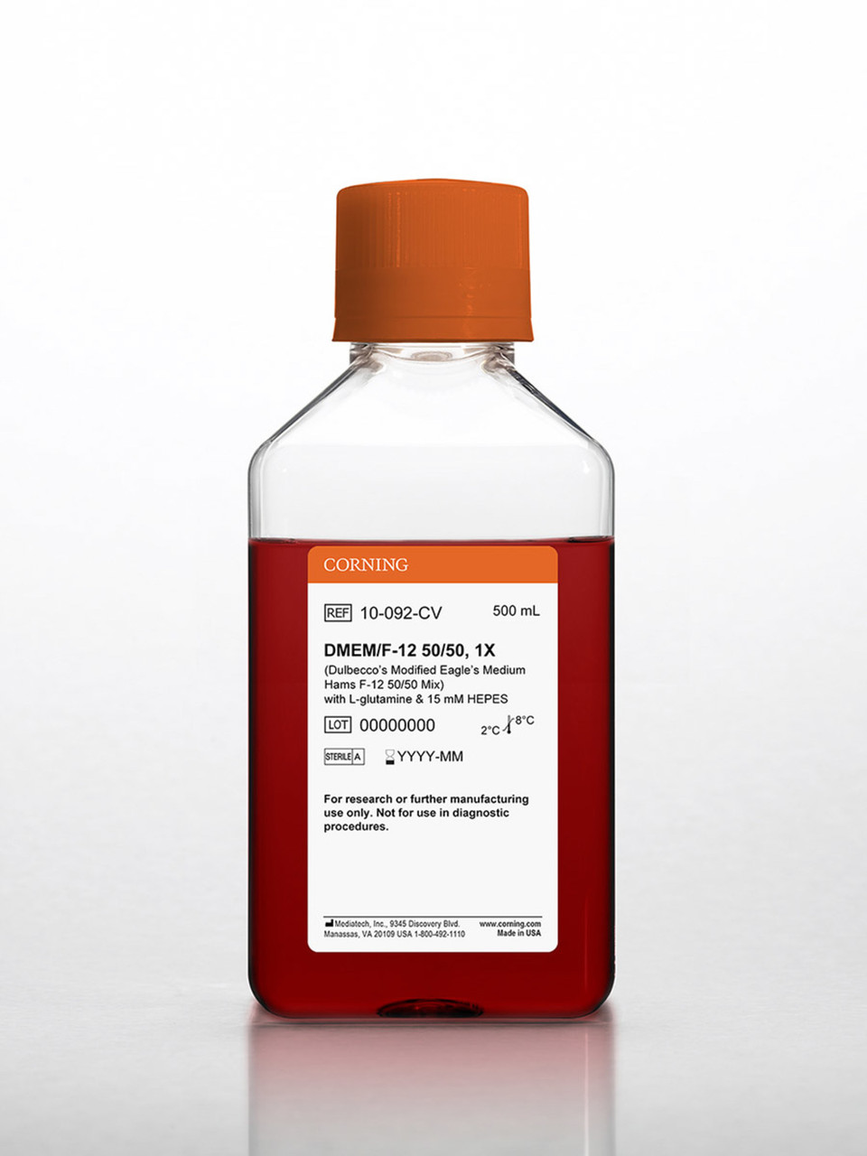 Corning Mediatech DMEM/Ham's F-12 50/50 Mix | L-Glutamine & 15 mM HEPES | Ideal for Low-Serum & Serum-Free Culture | Liquid, Sterile | 500 mL | 6/Case | Cat # 10-092-CV