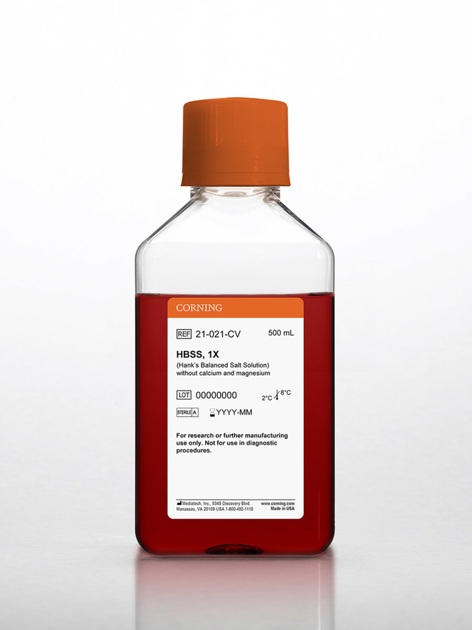 Corning Mediatech HBSS (Hanks' Balanced Salt Solution) | 1X, Without Calcium & Magnesium | Physiological pH Without CO₂ | Cell Washing, Transport & Short-Term Maintenance | Liquid, Sterile | 500 mL | 6/Case | Cat # 21-021-CV