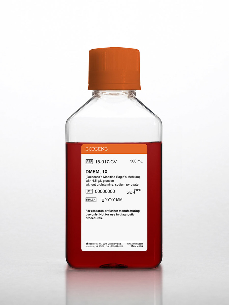 Mediatech DMEM (Dulbecco's Modification of Eagle's Medium) | 4.5 g/L Glucose | Without L-Glutamine & Without Sodium Pyruvate | Liquid, Sterile | 500 mL | 6/Case | Cat # 15-017-CV