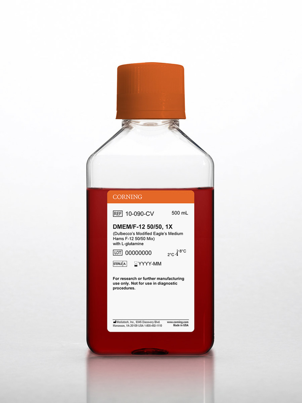 Mediatech DMEM/Ham's F-12 50/50 Mix | L-Glutamine | Without HEPES | Standard CO₂ Incubator Format | Liquid, Sterile | 500 mL | 6/Case | Cat # 10-090-CV