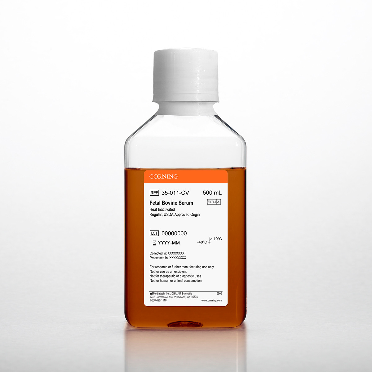 Corning Mediatech Fetal Bovine Serum (FBS) | Regular Grade | USDA Safety Tested | Heat Inactivated (56°C, 30 Min) | Triple 0.1 µm Sterile Filtered | ≤20 EU/mL Endotoxin | 500 mL | Cat # 35-011-CV