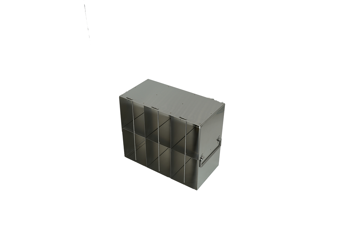 Stainless steel upright freezer rack for 96- and 384-well microplates, 3 compartments deep by 2 high, 9 3/16 inches tall