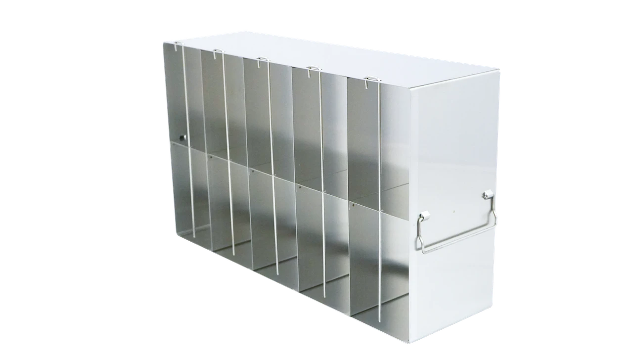 Stainless steel upright freezer rack for 96- and 384-well microplates, 5 compartments deep by 2 high, 11 inches tall