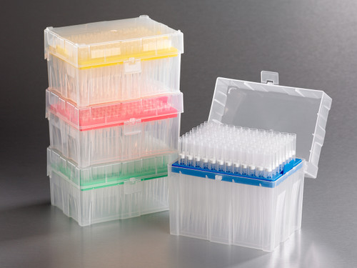 Axygen MRF-100-R-S 100µL filtered sterile MultiRack pipette tips standard length hinged rack 4800 per case yellow deck
