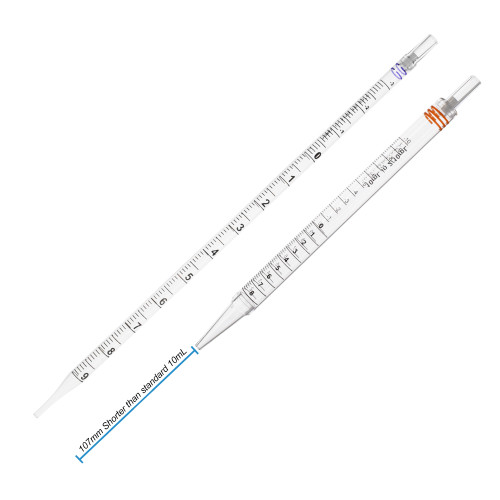 Serological Pipettes, 10mL, short, 230mm (9 in.) length, sterile, orange coded, positive and negative graduations, individually wrapped, 200/cs