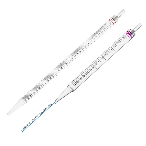 Serological Pipettes, 25mL, short, 230mm (9 in.) length, sterile, magenta coded, positive and negative graduations, individually wrapped, 200/cs