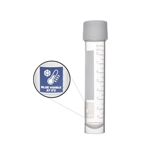 Transport Tube, with FreezeTech™ Temperature Indicator (turns blue at 0 degrees C), 10mL, attached screw-cap, printed graduations, sterile, 5 bags of 100 tubes and caps, 500/cs