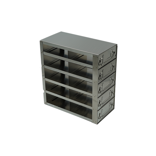 Tall narrow stainless steel freezer rack with five pull-out drawers, each holding two 2-inch boxes for -80 freezer storage