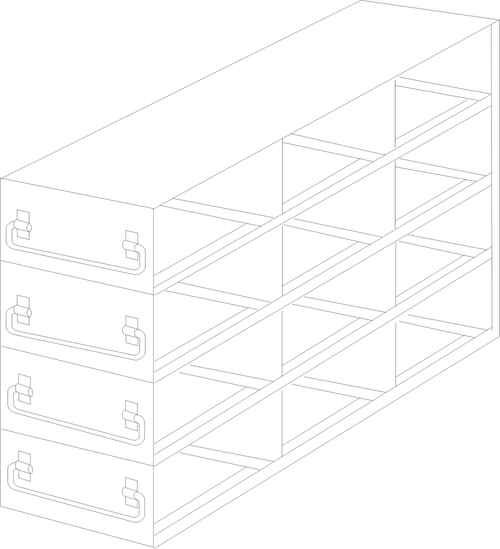 Stainless steel upright freezer drawer rack with 4 pull-out drawers for 96 deep-well plates, 3 deep x 4 high