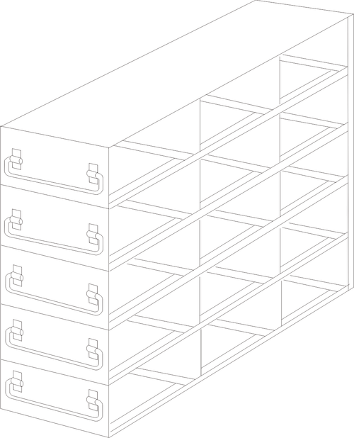 Stainless steel upright freezer drawer rack with 5 pull-out drawers for 96 deep-well plates, 3 deep x 5 high