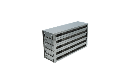 Stainless steel upright freezer drawer rack with 5 pull-out drawers for 96 deep-well plates, 5 deep x 5 high
