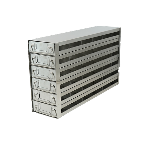 Stainless steel upright freezer drawer rack with 6 pull-out drawers for 96 deep-well plates, 6 deep x 6 high