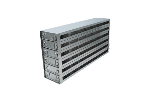 Stainless steel upright freezer drawer rack with 6 pull-out drawers for 96 deep-well plates, 7 deep x 6 high
