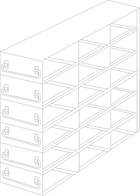 Stainless steel upright freezer drawer rack with 6 pull-out drawers for 50-cell hinged top plastic boxes, 3 deep x 6 high