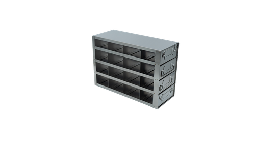Stainless steel upright freezer drawer rack with 4 pull-out drawers for 50-cell hinged top plastic boxes, 4 deep x 4 high