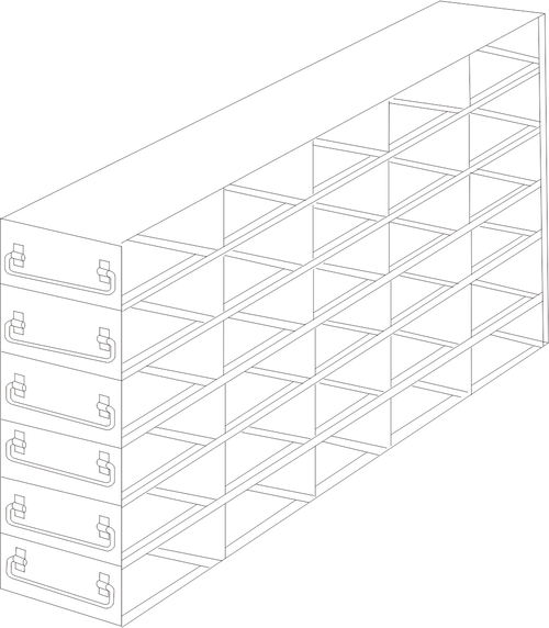 Stainless steel upright freezer drawer rack with 6 pull-out drawers for 50-cell hinged top plastic boxes, 5 deep x 6 high