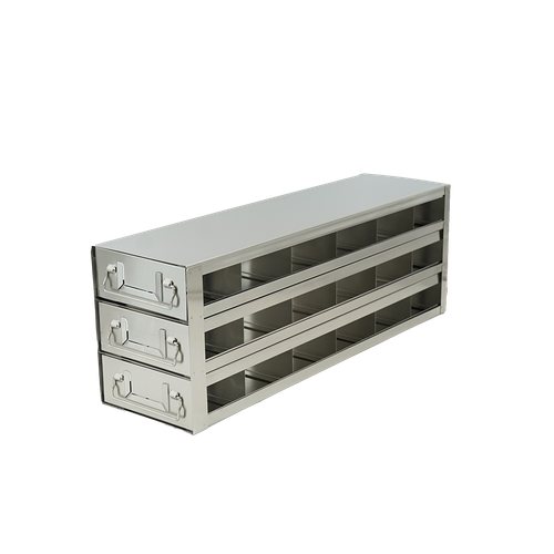 Stainless steel upright freezer drawer rack with 3 pull-out drawers for 50-cell hinged top plastic boxes, 6 deep x 3 high